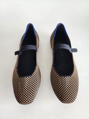 Rothy's The Square Mary Jane Slip-On Shoe Square-Toe Flats 8.5 Black Tan Check